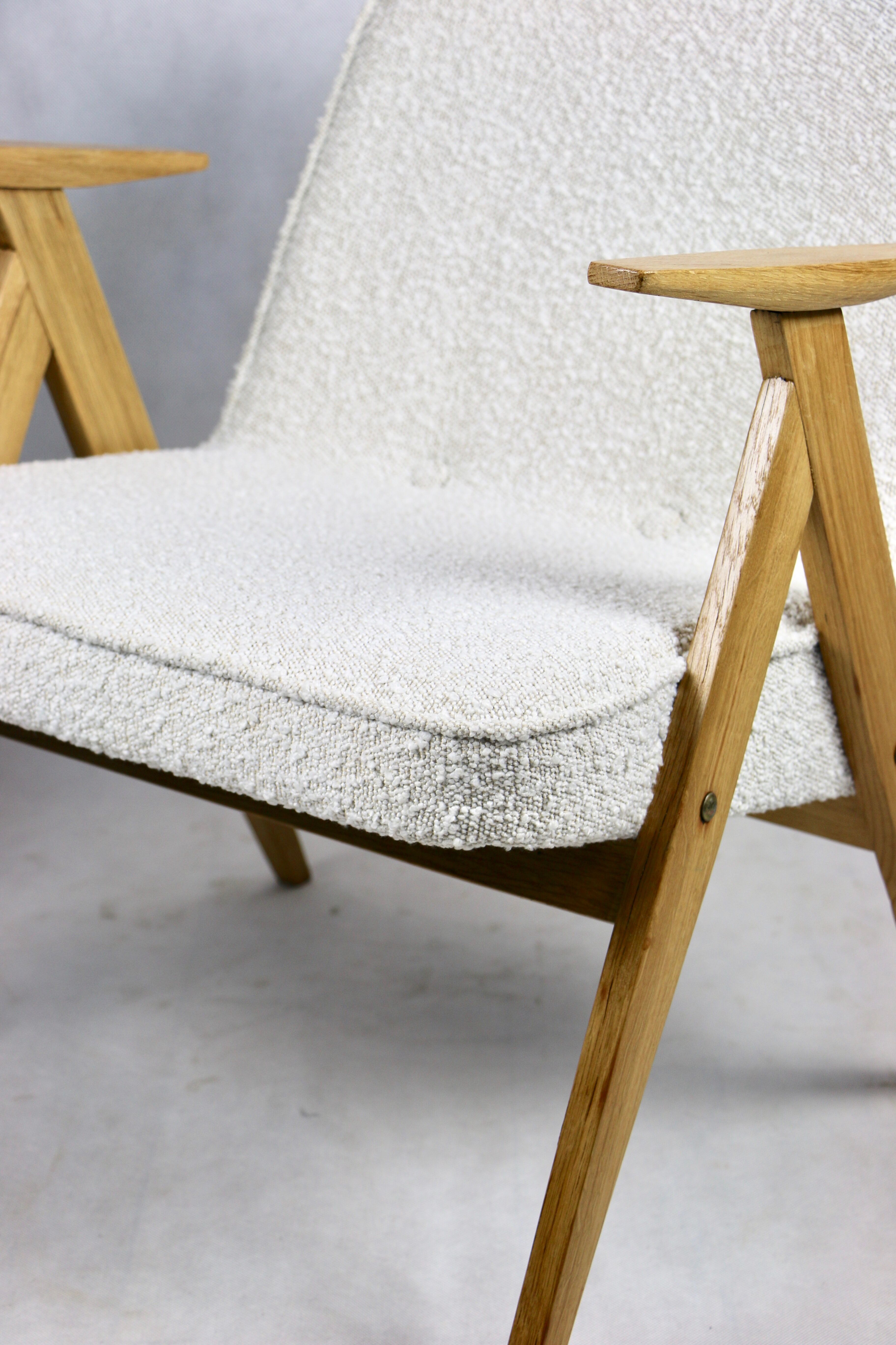 Pearl Boucle & Oak Armchair by Józef Chierowski, 1970s