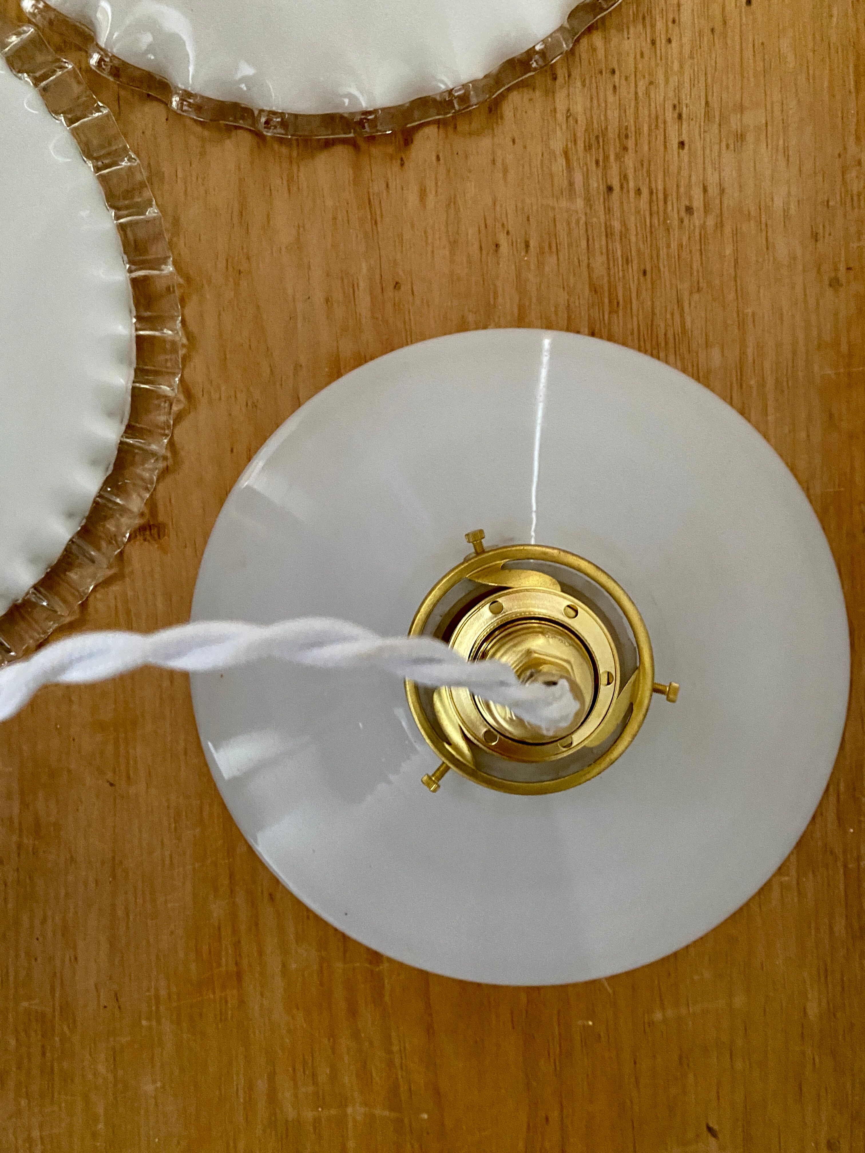Three-light cascading pendant lamp with vintage white opaline lampshade