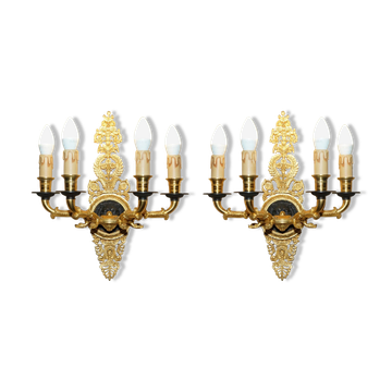 Paire d'appliques L'Originale plaquées or 24 carats avec quatre bougies en bronze