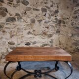 Vintage French coffee table from the 1960s – Rustic pine coffee table with a black iron base.