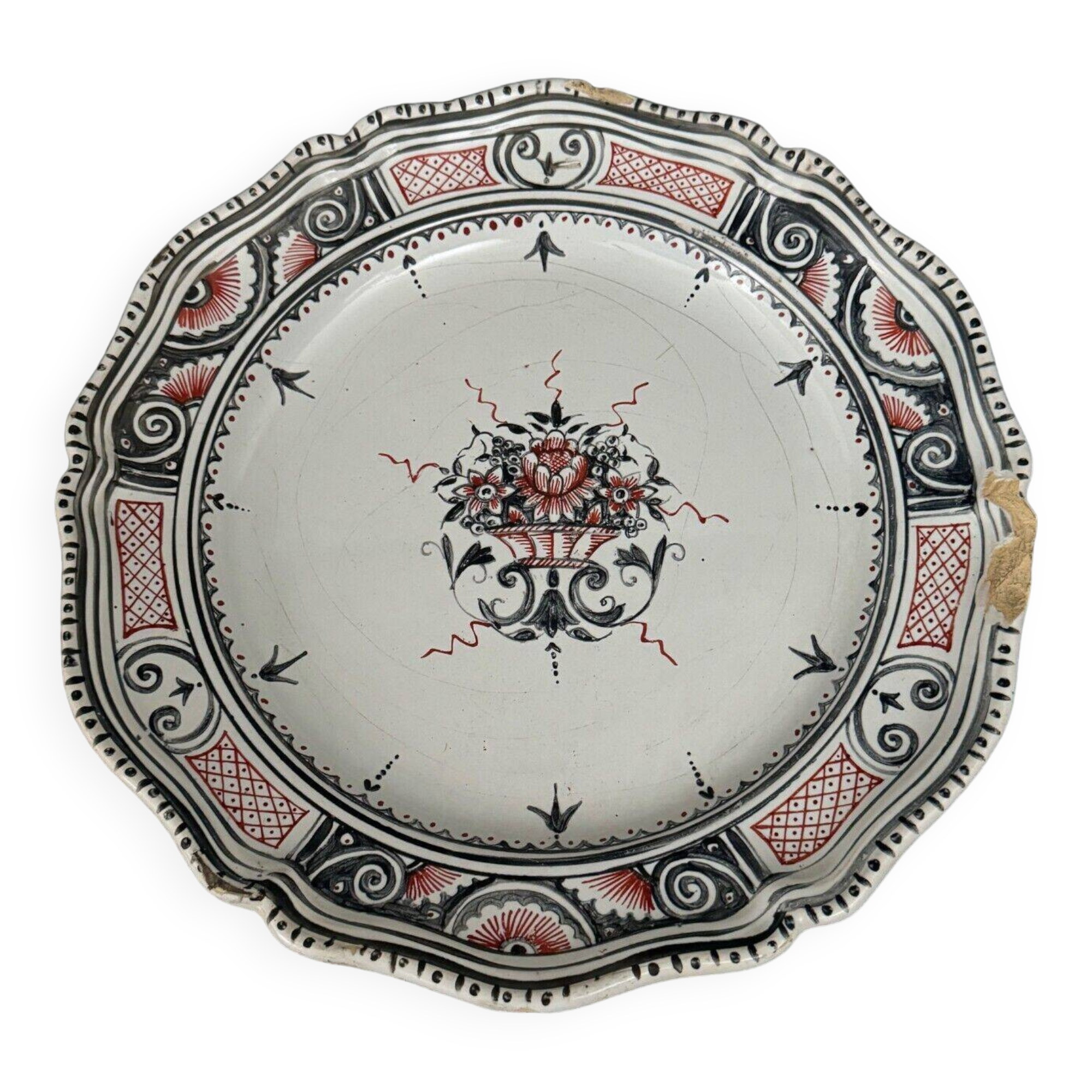 Large Rouen dish, 19th century, floral decoration