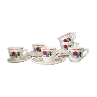 Set of 6 cups and sub-cups, Sarreguemines, Agreste model, vintage French