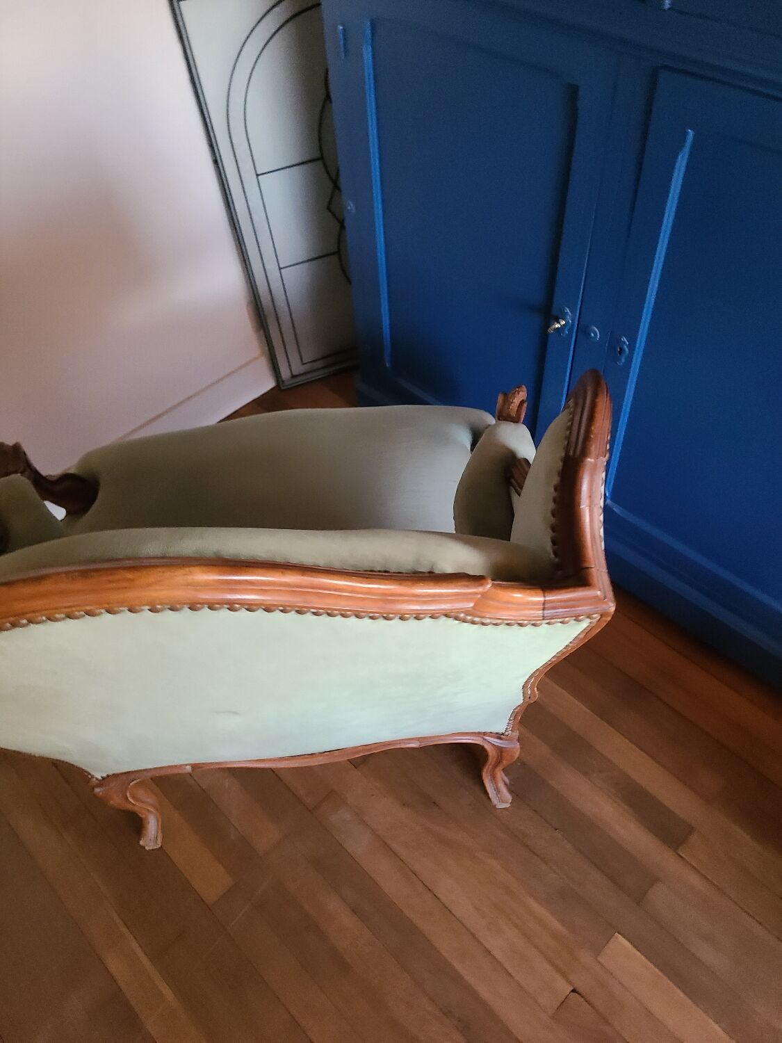 Vintage Louis XV style wing chair, light green velvet
