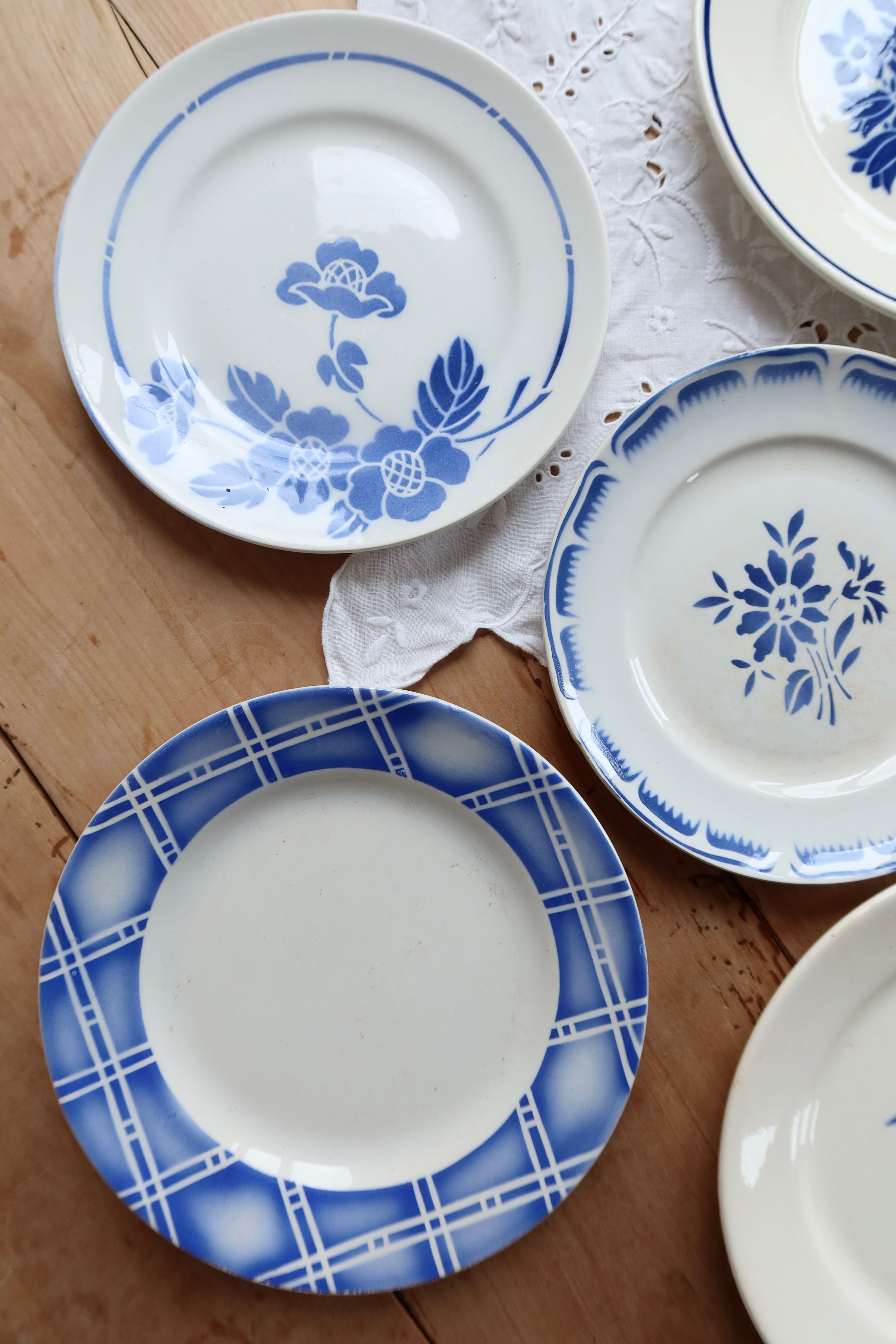 6 vintage mismatched blue and white earthenware dessert plates