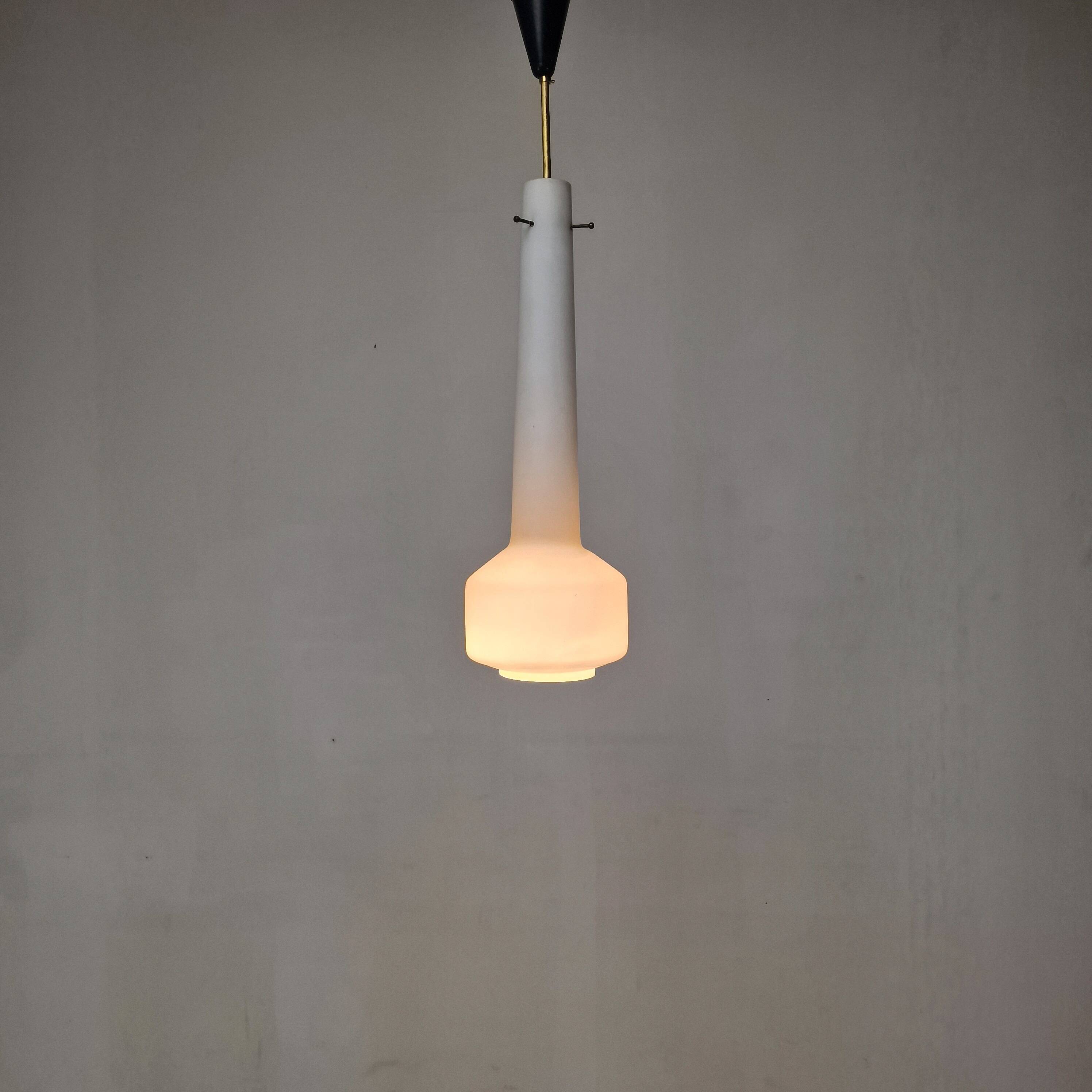 Stilnovo Pendant in Milk Glass and Brass, Italy 1960's