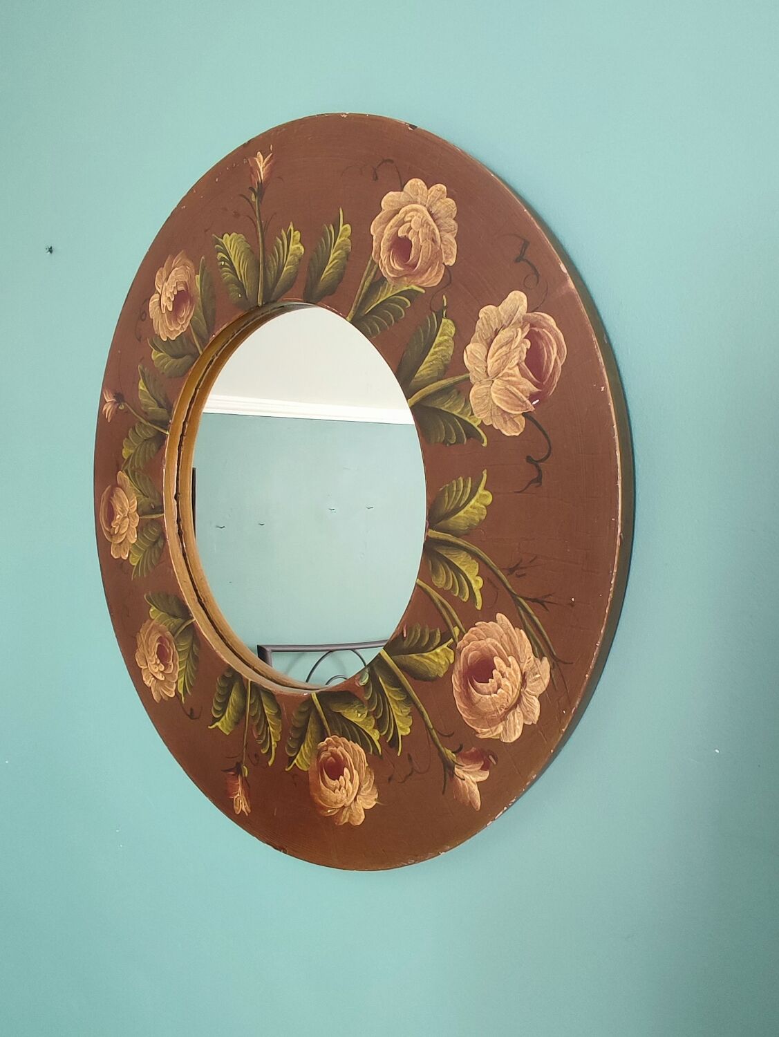 Vintage hand painted wooden round wall mirror