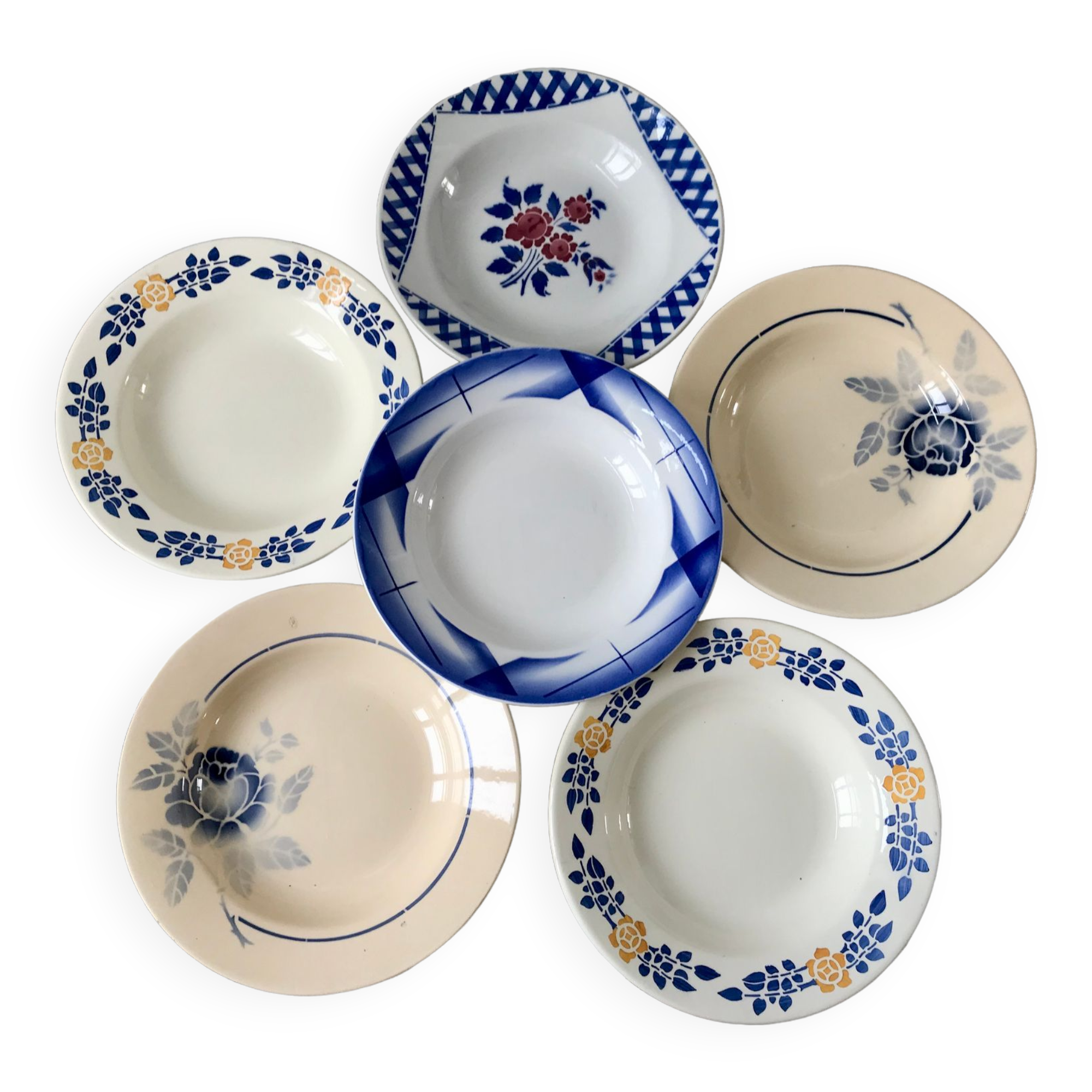 Lot de 6 assiettes creuses dépareillées digoin "artix", badonviller, nouvelles galeries années 40-50