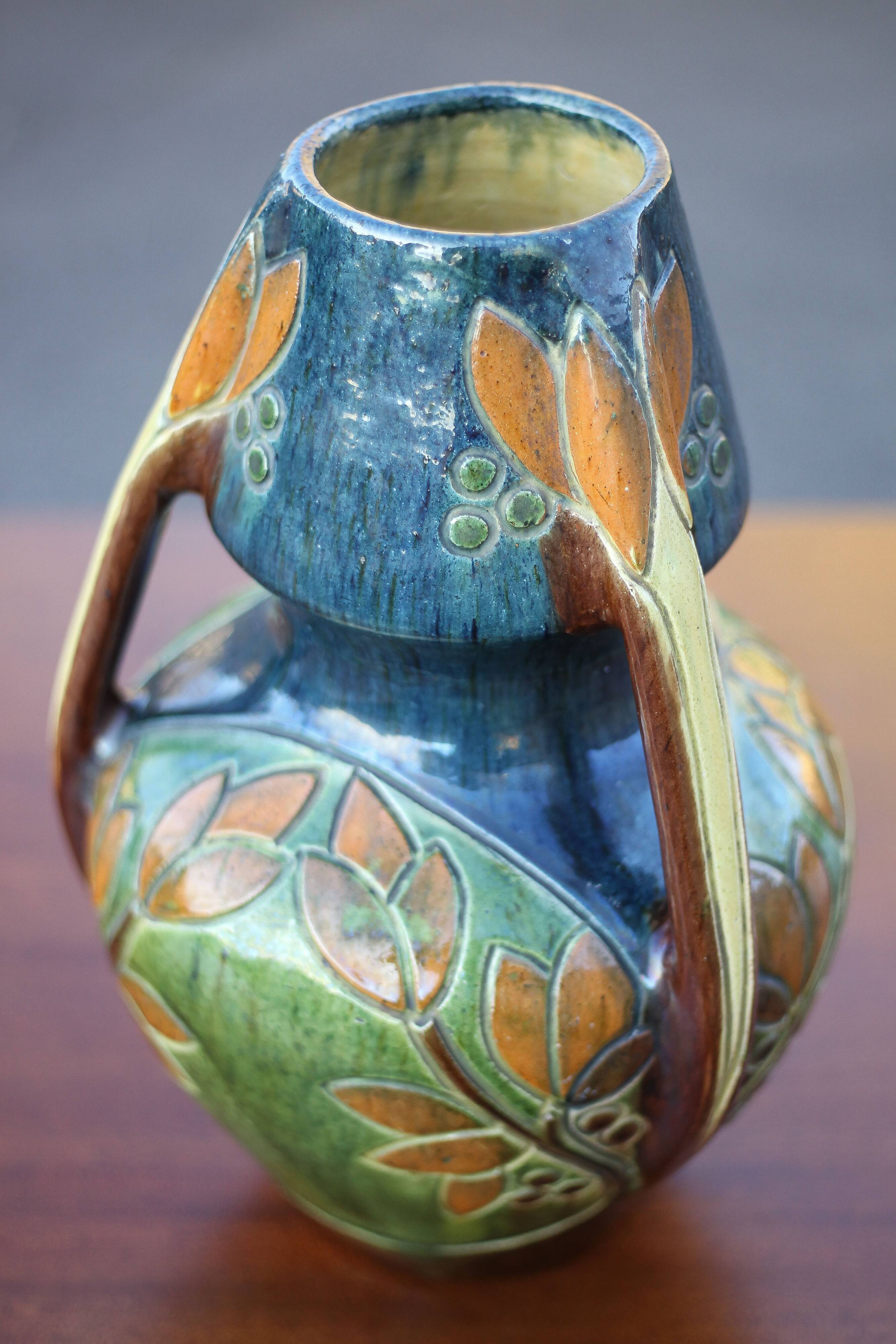 Large Art Deco vase, enamelled terracotta vase with floral motifs, Vase with tripod handles, Art Nouveau