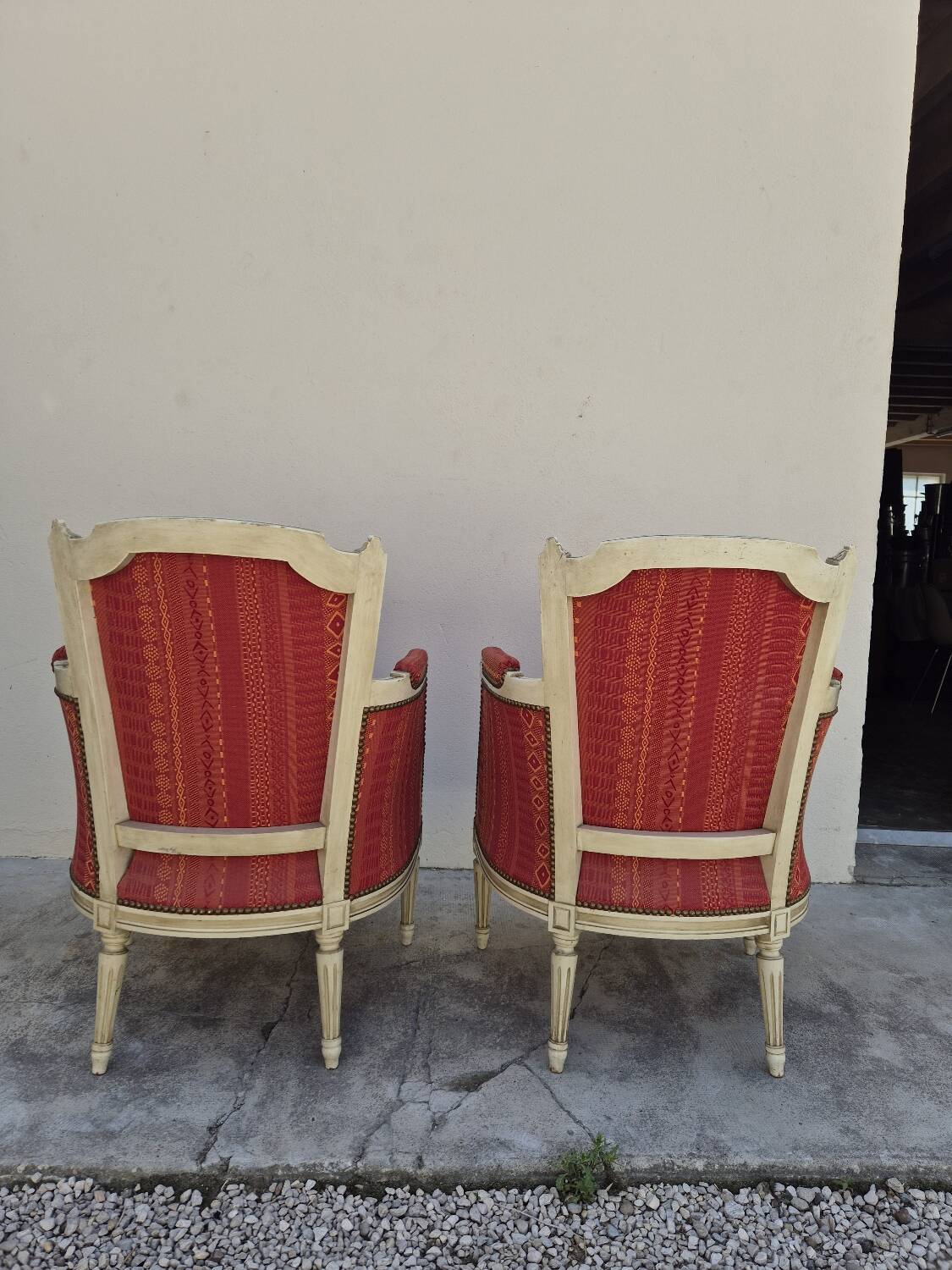 Pair of Louis XVI style bergère armchairs, antique.