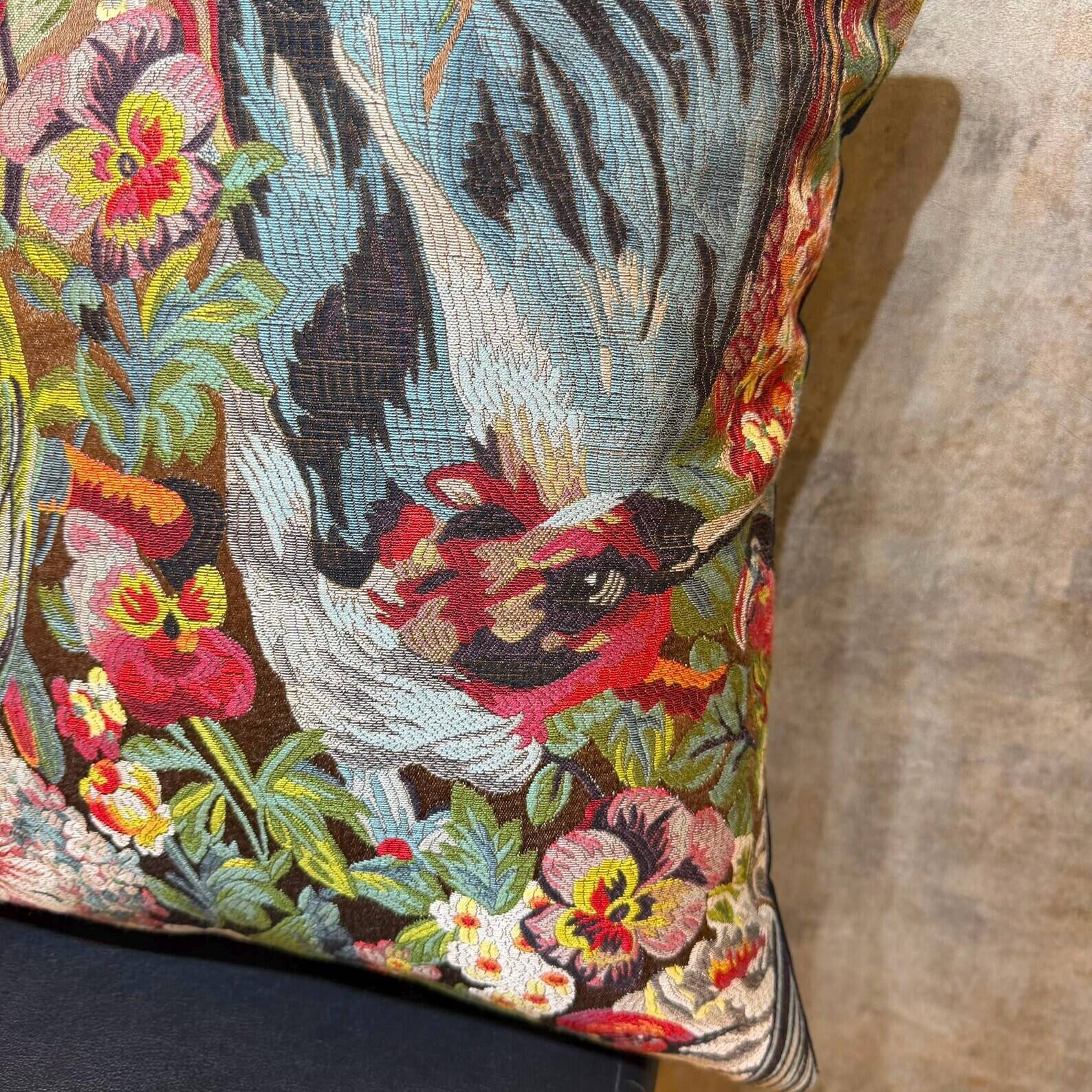 Woven Cushion, Crimson Macaw Parrot Jacquard, Dark Ground Pillow Cover