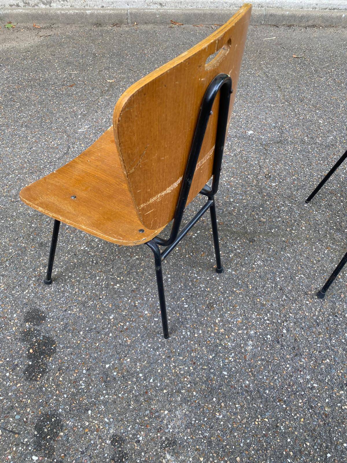 2 workshop chairs in wood and black steel, 1950s