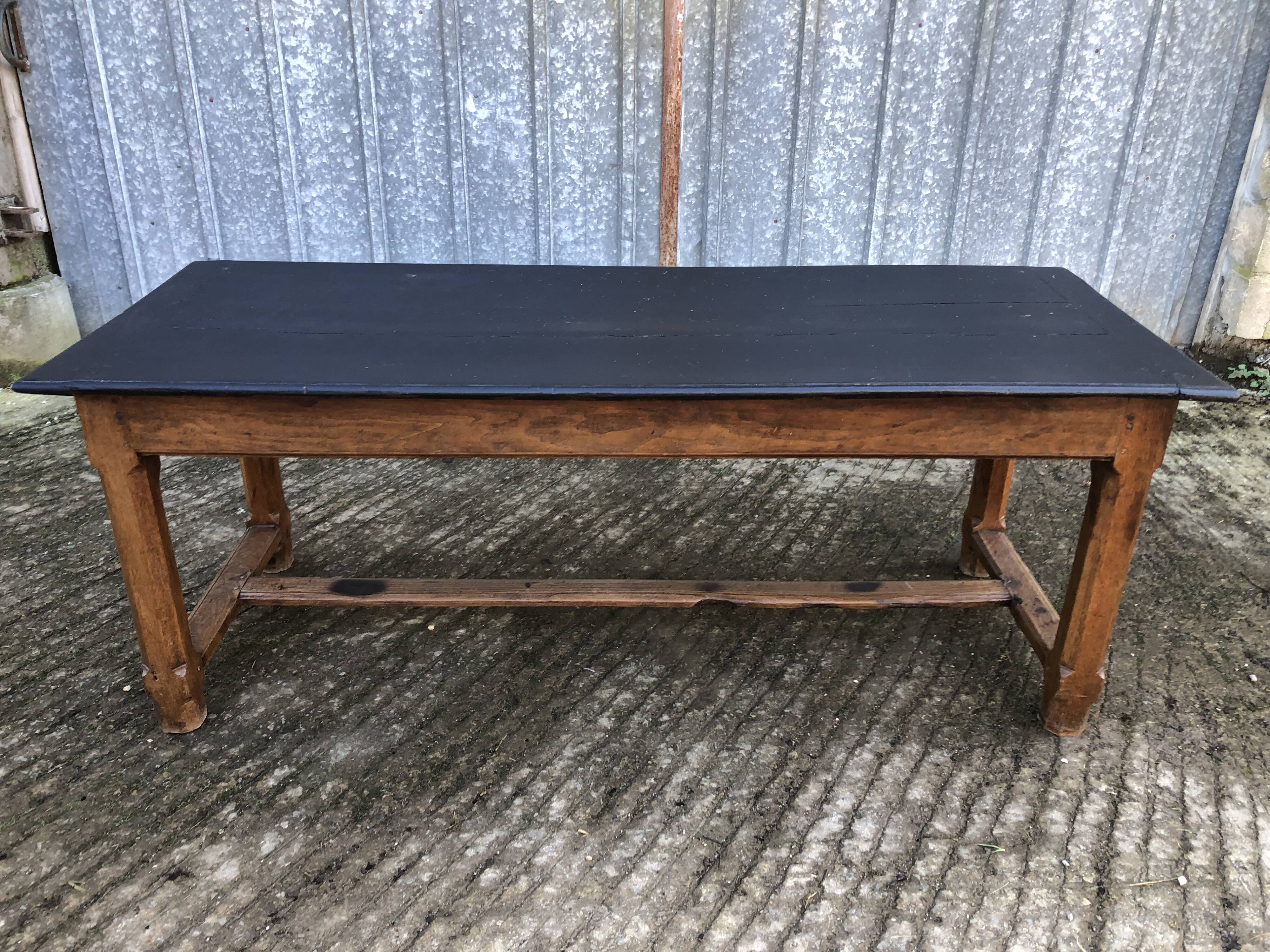 Antique oak farmhouse table with cat bar and 2 end drawers