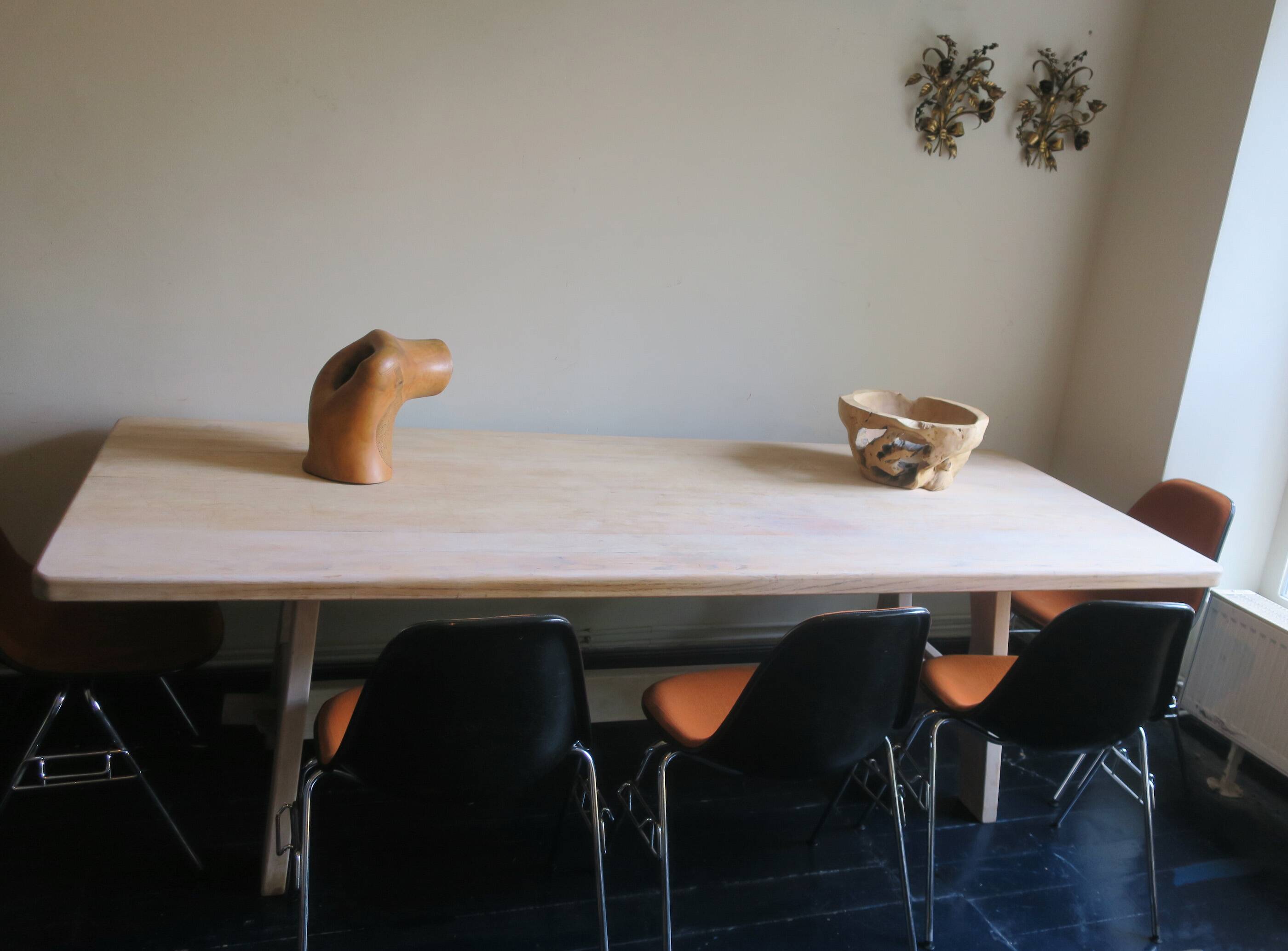 Large farmhouse trestle table in limed oak, 1940s-50s