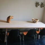 Large farmhouse trestle table in limed oak, 1940s-50s