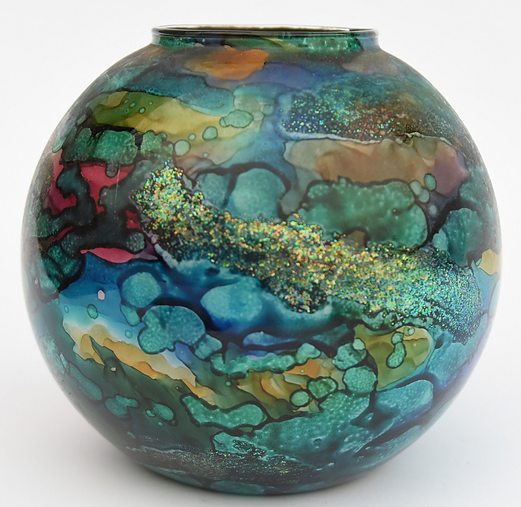 Vase ball eglomisé in lacquered glass by Jean Noel BOUILLET