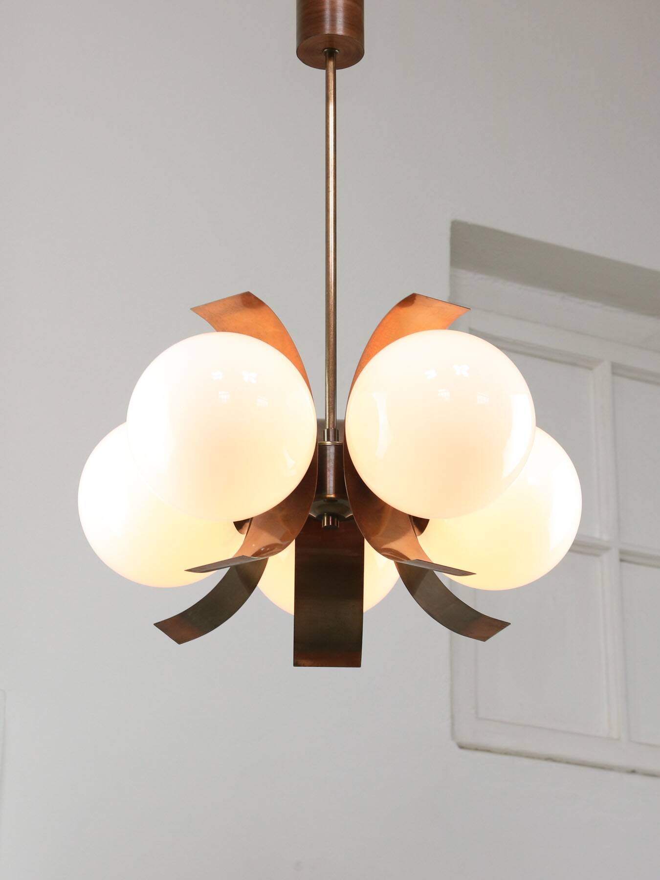 Vintage Italian Copper and Opaline Chandelier, 1970s