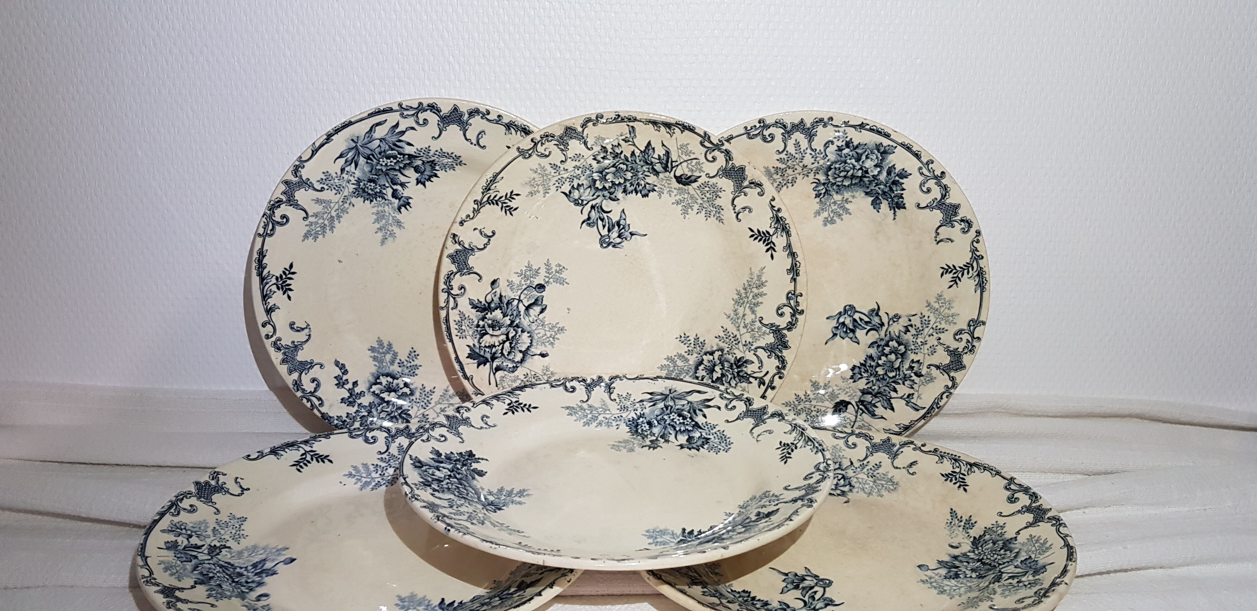 Set of 6 flat earthenware plates from Choisy le Roi model Floreal, iron earth.