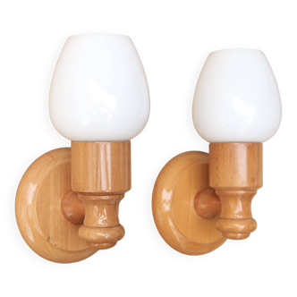 Pair of pine wood and white glass wall lights, 1970s