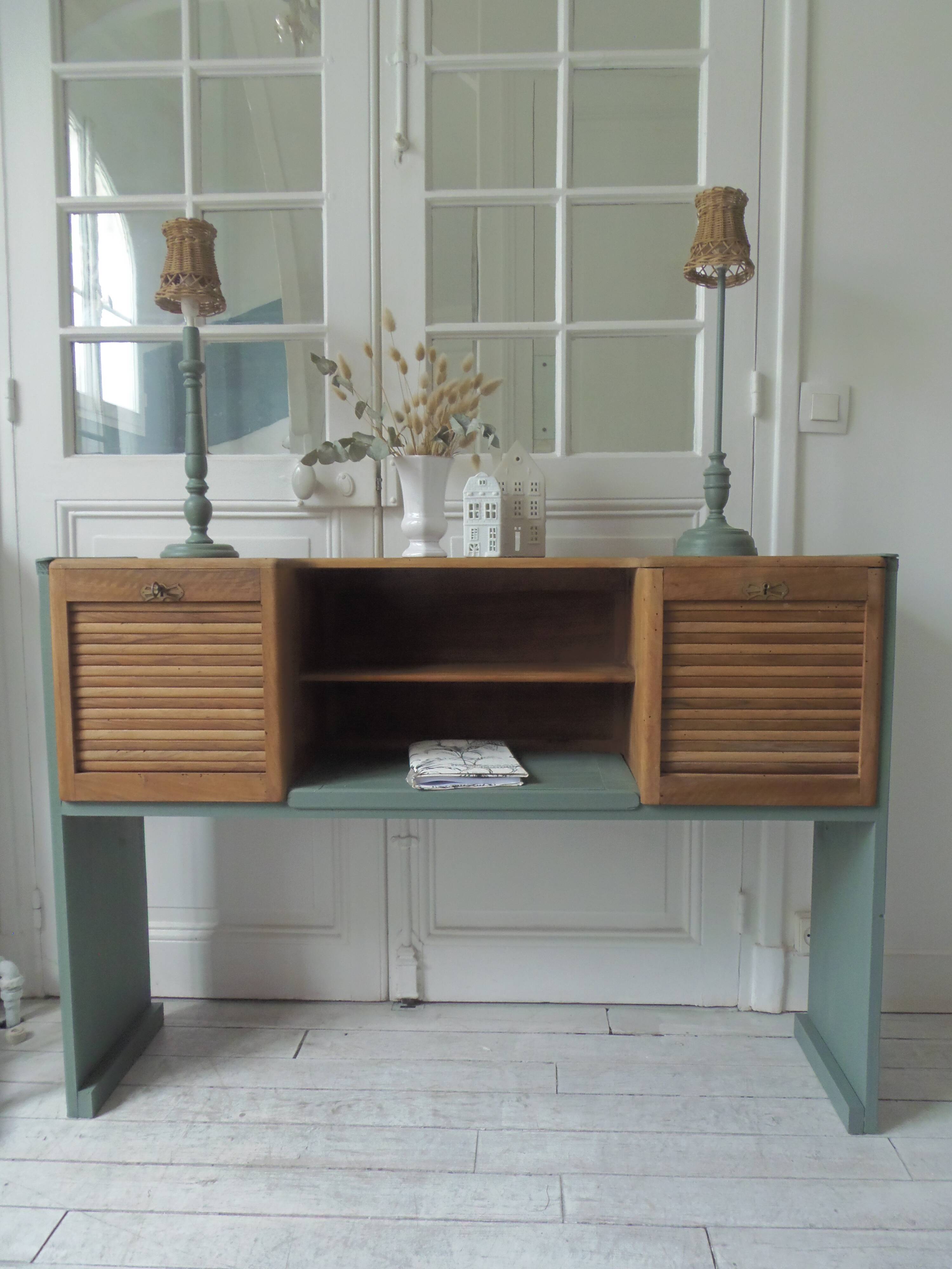 Console made with some old walnut elements. Unique smoky green piece.