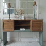 Console made with some old walnut elements. Unique smoky green piece.