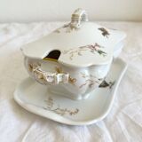 Saucière à couvercle ancienne en porcelaine de Limoges Haviland décor d'oiseaux