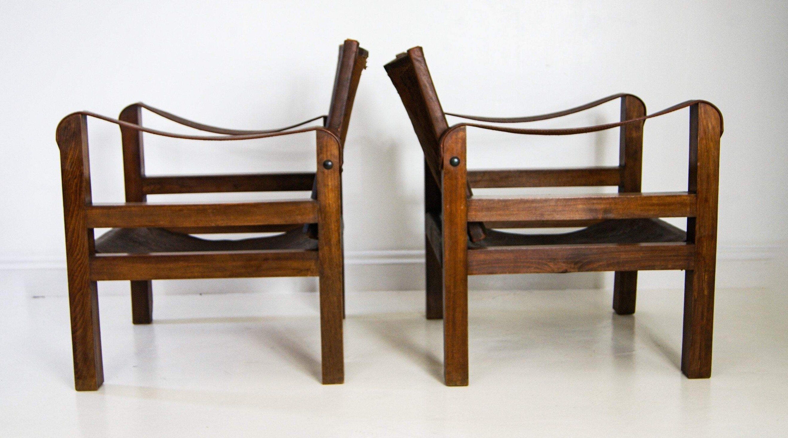 French Leather Safari Armchairs Mid-Century