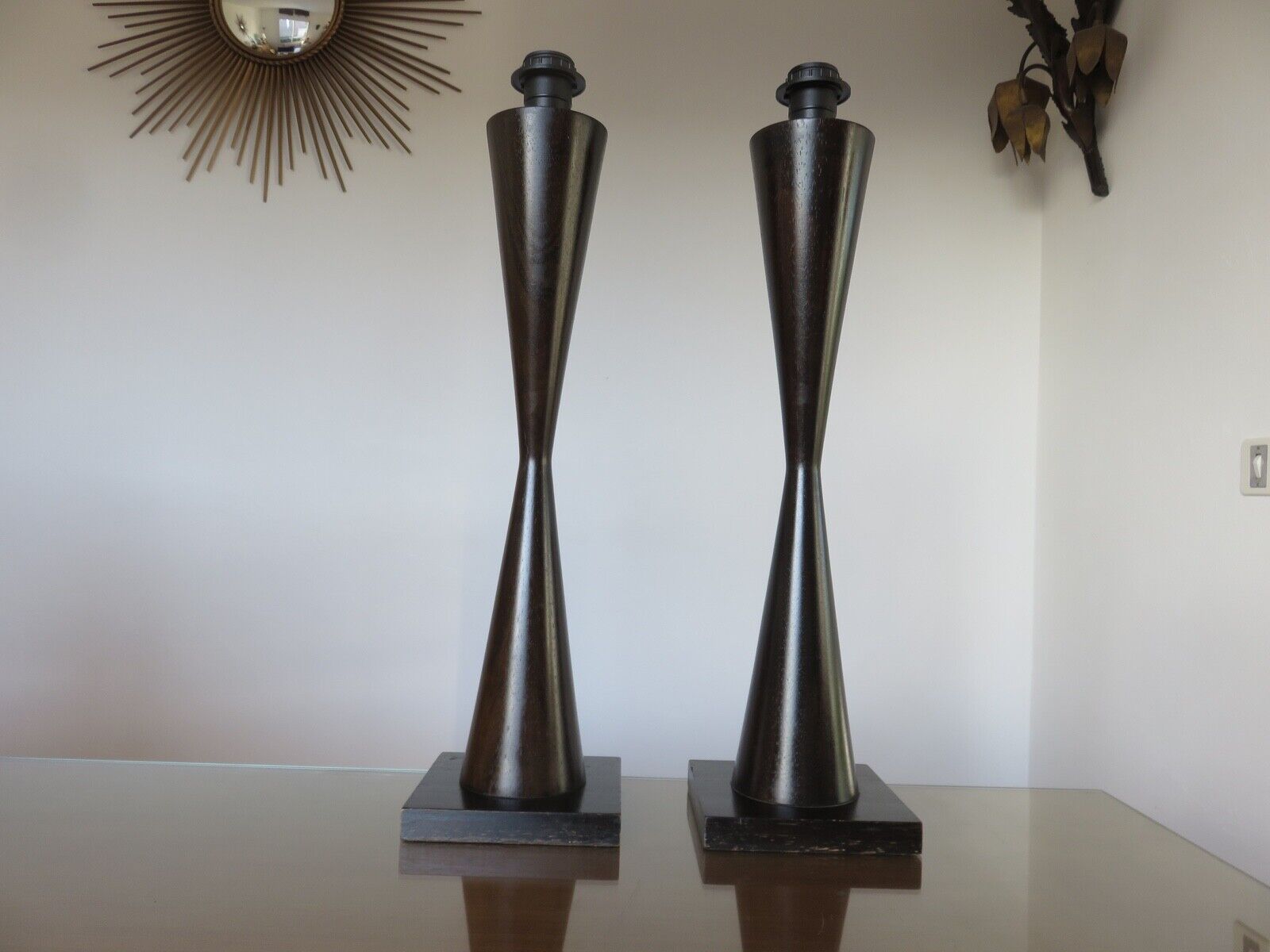 Pair of wooden diabolo lamps workshop lumen 80s