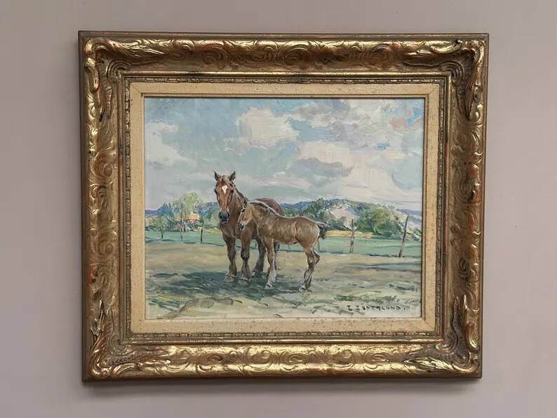 Original Vintage Swedish Oil on Panel – “Horses in a Pasture” by Einar Söderlund – Signed – Vintage & Framed