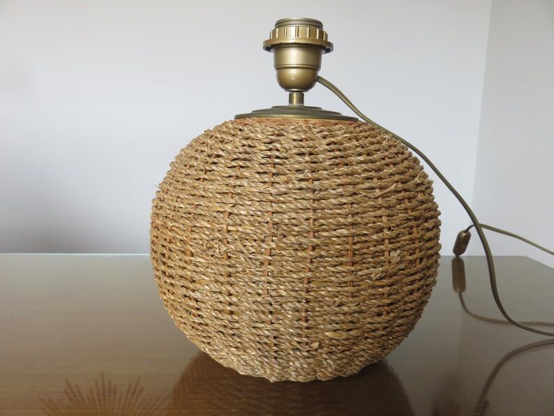 Ball lamp in rope, rattan, ceramic and brass 70s