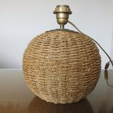 Ball lamp in rope, rattan, ceramic and brass 70s