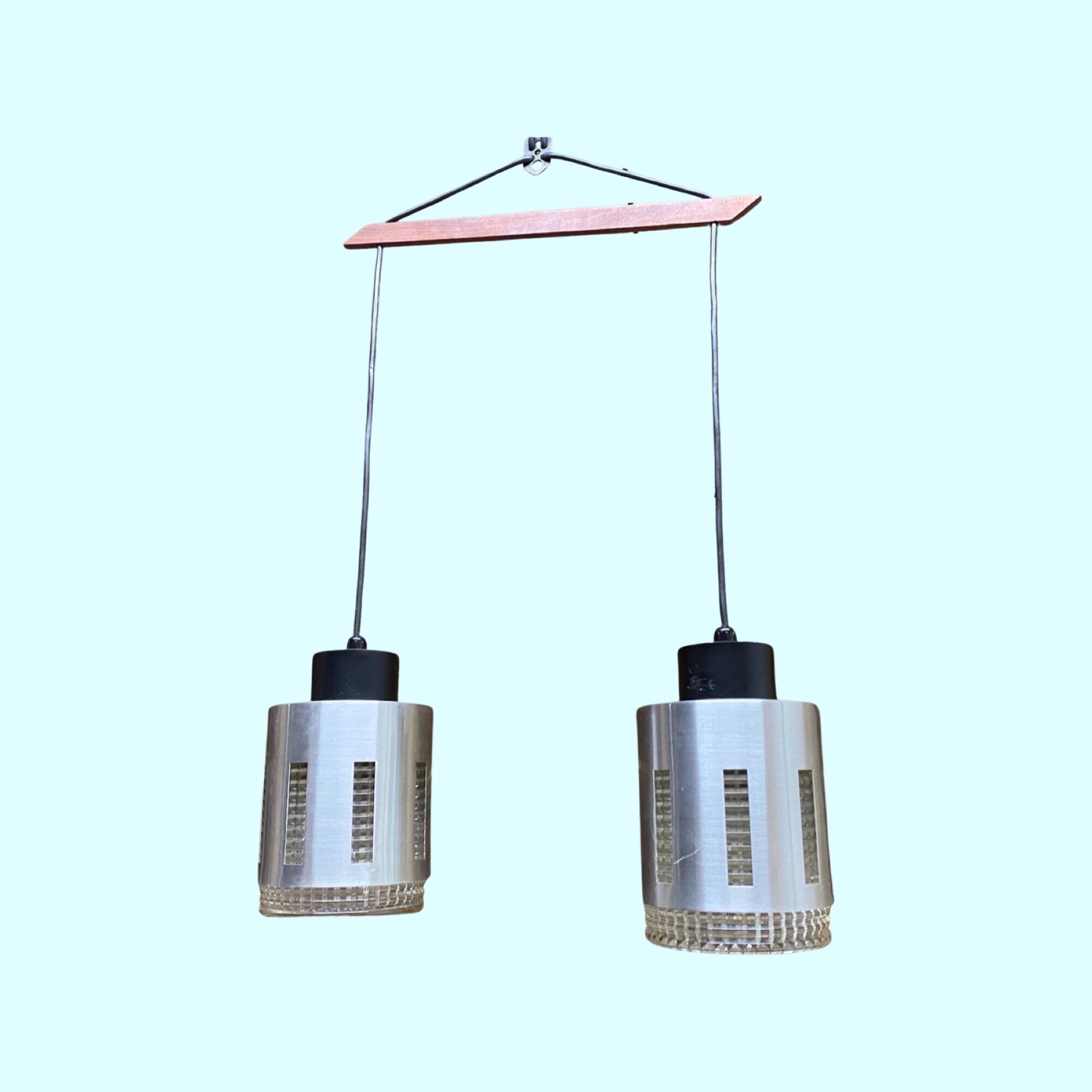 Rare Retro Glass/Teak Lamp From Denmark | Vintage Lighting with Teakwood Hanger and 2 Glass Lamps