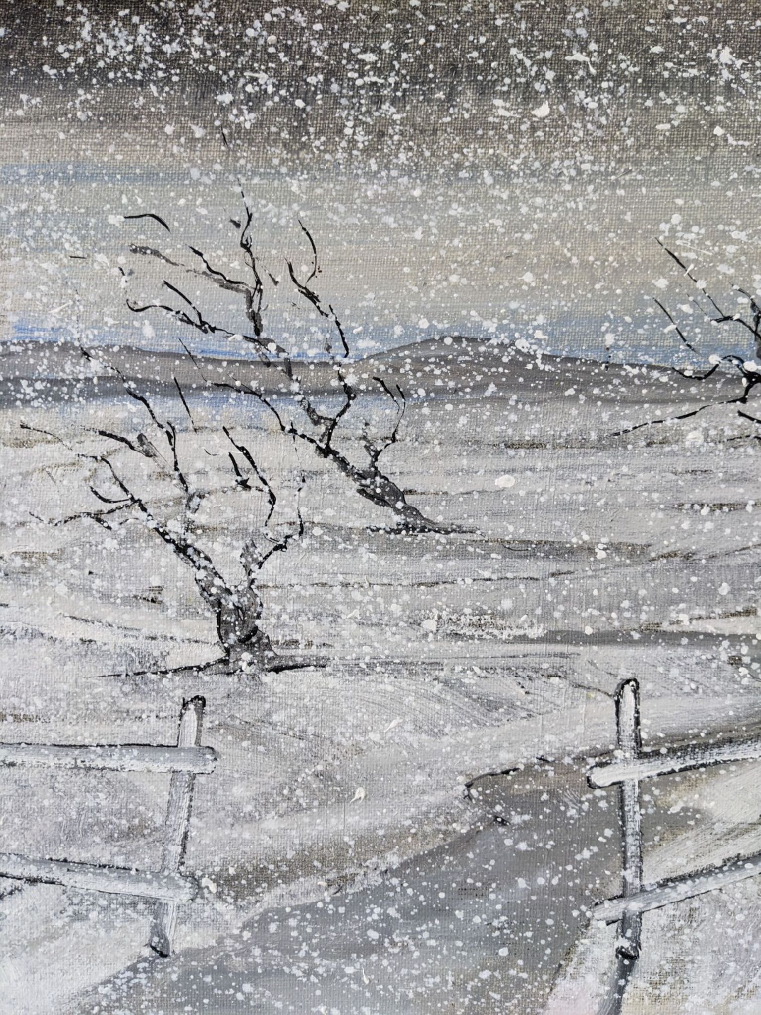 Mid-Century Modern Swedish "Snowfall" Vintage Winter Landscape Oil Painting, Framed