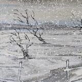 Mid-Century Modern Swedish "Snowfall" Vintage Winter Landscape Oil Painting, Framed