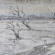 Mid-Century Modern Swedish "Snowfall" Vintage Winter Landscape Oil Painting, Framed