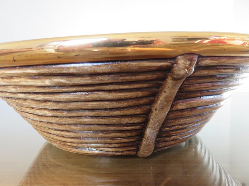 Ceramic basket with rattan and brass in the 70s