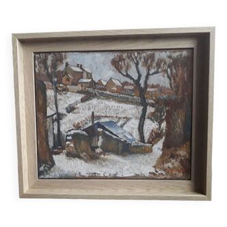 Old signed painting representing a winter landscape.