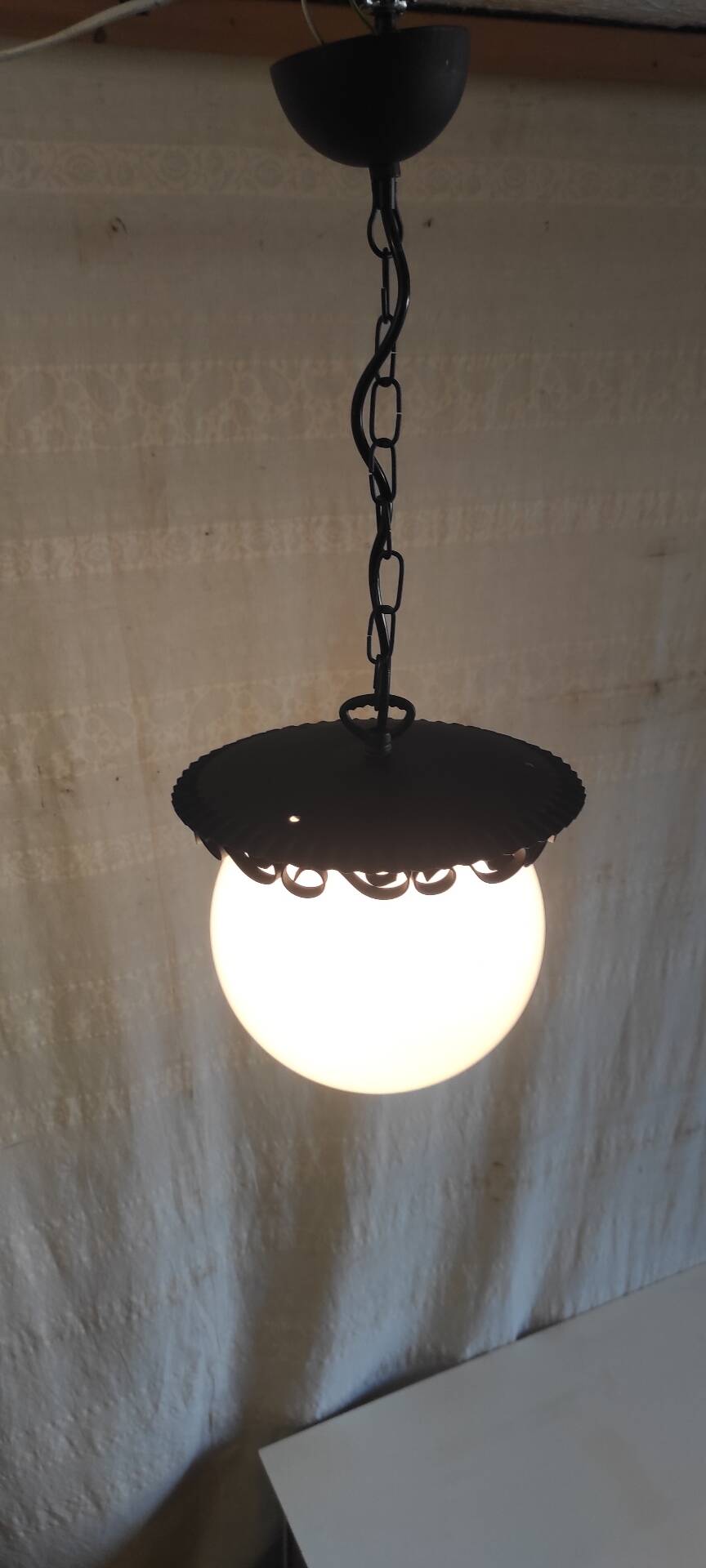 Metal lantern suspension and opaline globe by Delmas - mid 20th century.