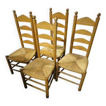 Set of 4 low straw-seated chairs circa 1940
