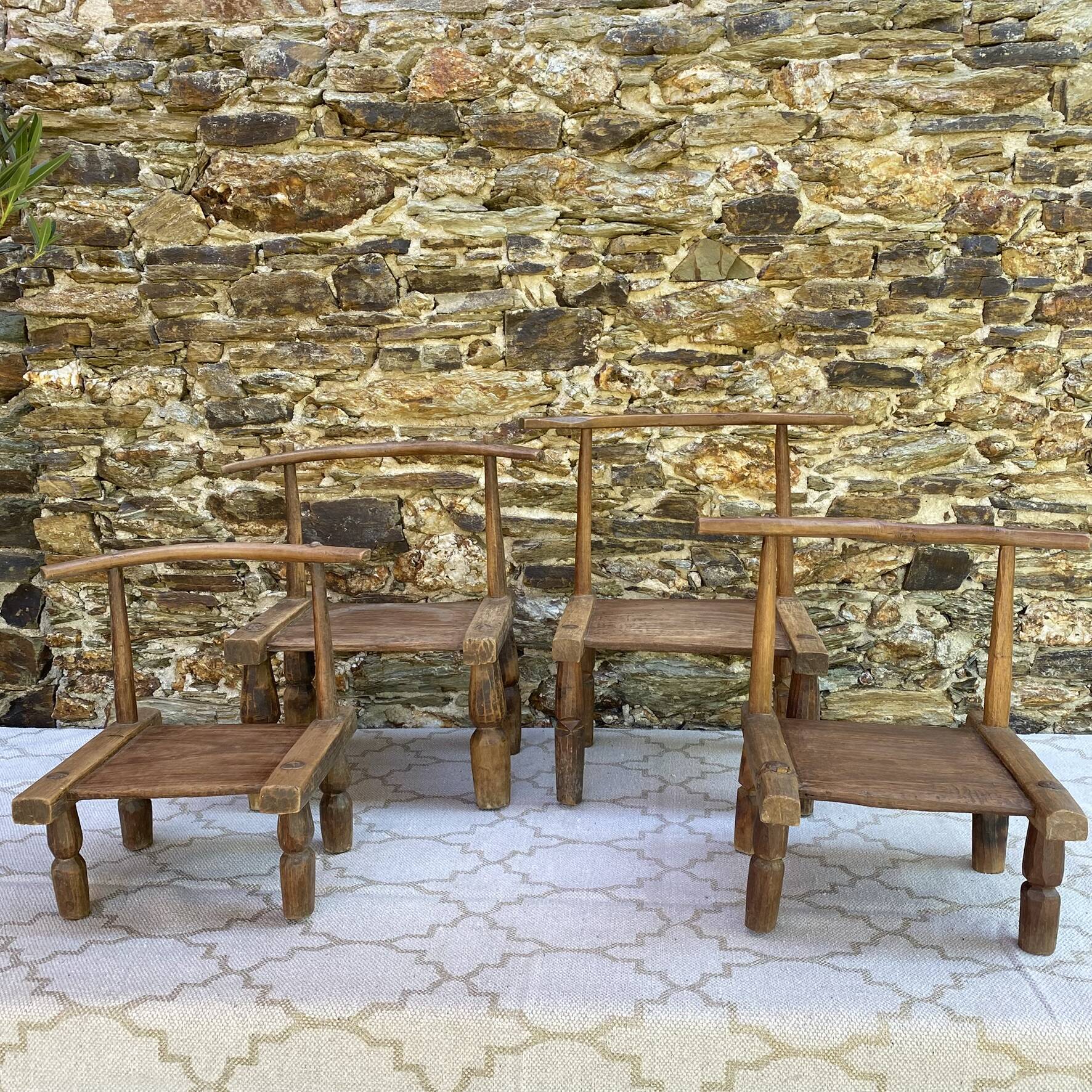 Ancient Baoulé African chairs in carved wood, Wabi-Sabi.