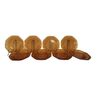 Set of 8 amber octagonal dessert plates Vereco 70'S vintage