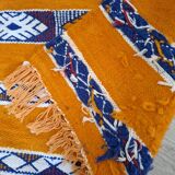 Berber Kilim Ochre & Indigo Blue – Flat Weave Hanbel – 70 cm / 140 cm