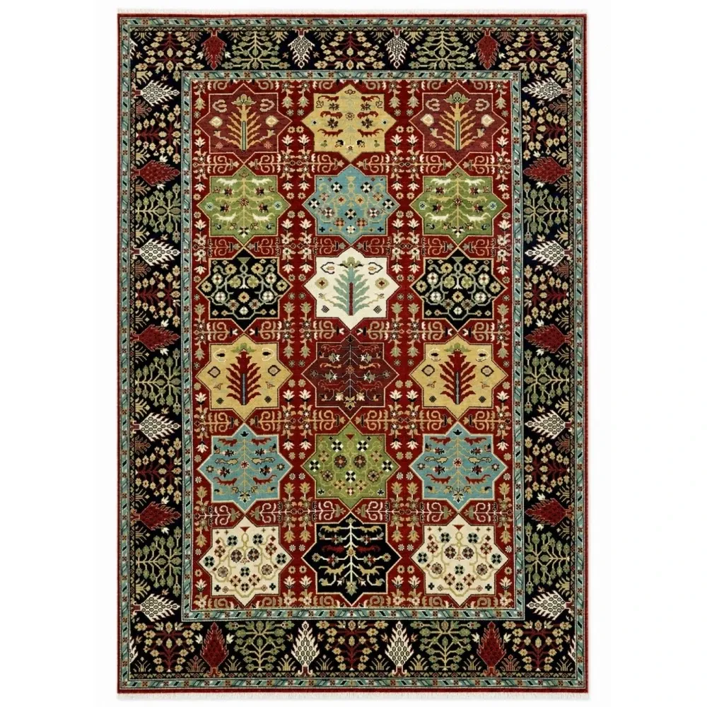 Hand-Knotted Wool Area Rug, Red Geometric Botanical Carpet for Living Room