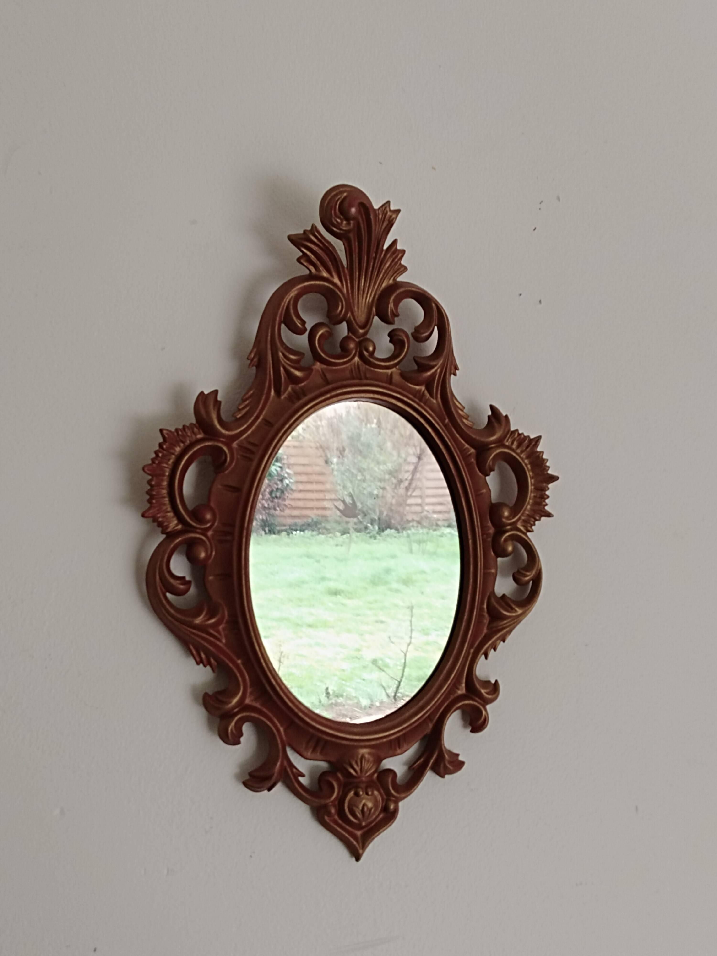 Classic red and gold patinated rocaille mirror, 35 cm x 23 cm