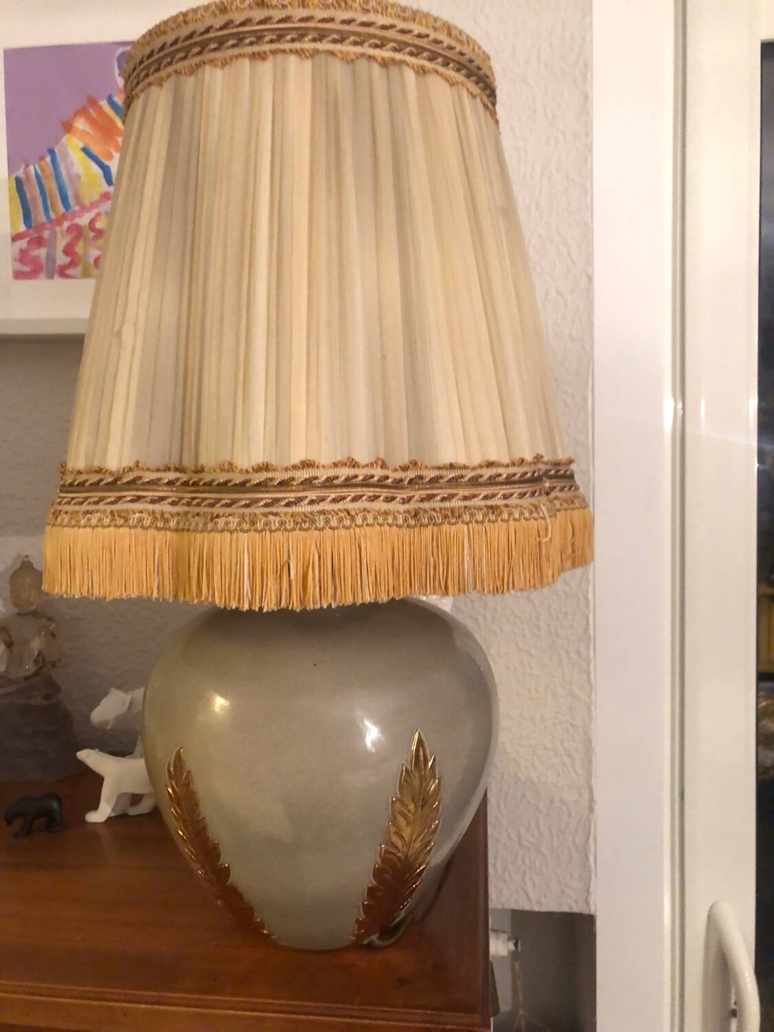 Grey glazed ceramic lamp with gold leaf by Louis Drimmer.