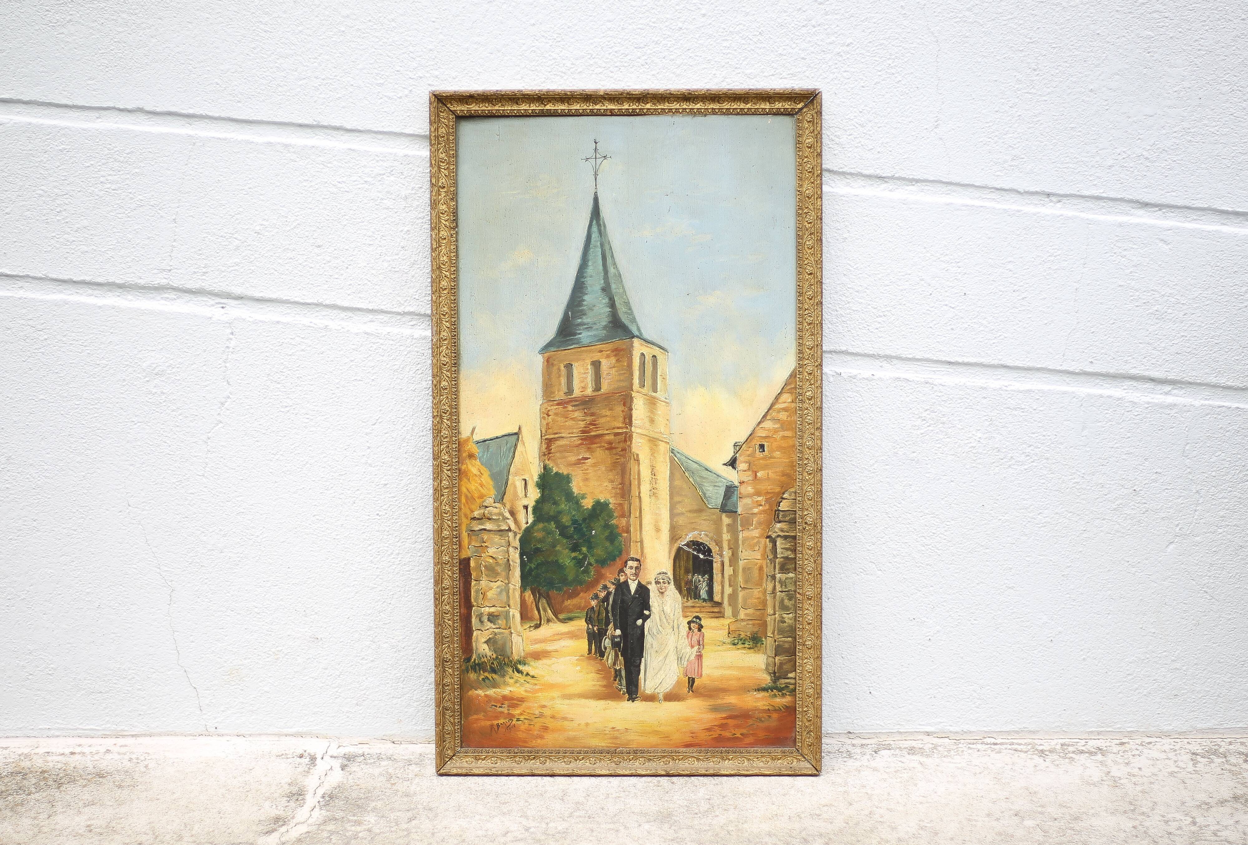 Signed painting, wedding painting in village, large framed painting