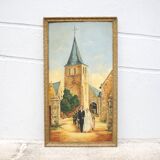 Signed painting, wedding painting in village, large framed painting