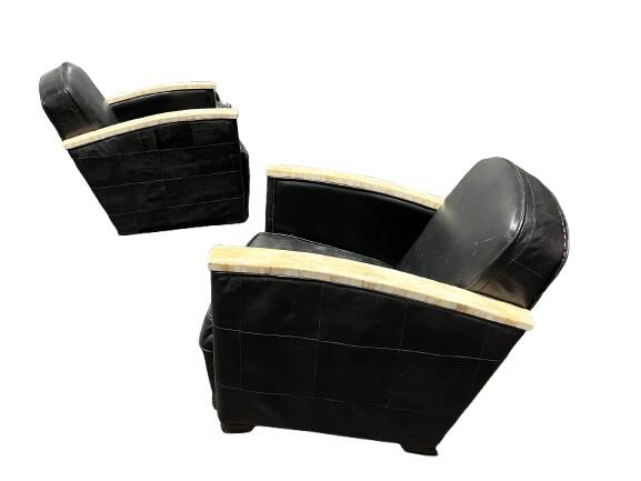 Pair of leather armchairs with marquetry armrests