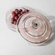 Vintage glass sweet jar from the 1960s, candy jar with a pink and black striped lid, Italian glass art.