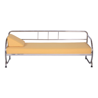 Fully restored bauhaus yellow leather tubular chrome sofa, robert slezák, 1930s