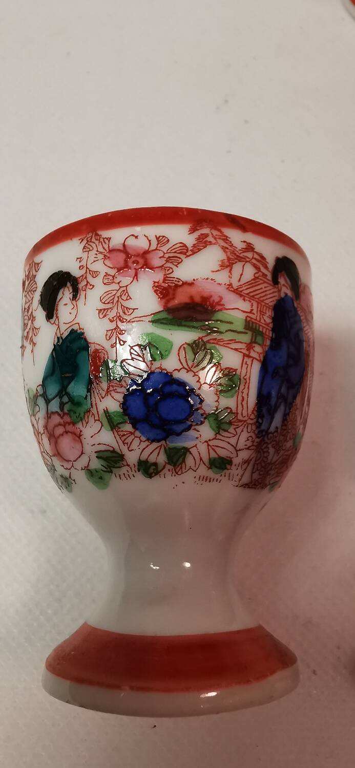 Rare 4 Antique Egg Holders / Egg Cups, Japanese, hand-painted porcelain